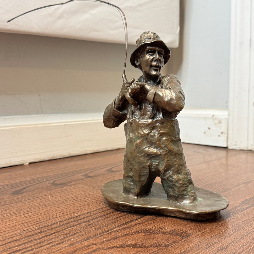 Mark Hopkins Bronze Fisherman Sculpture Hooked 1989 Limited Signed 783/2500 Art